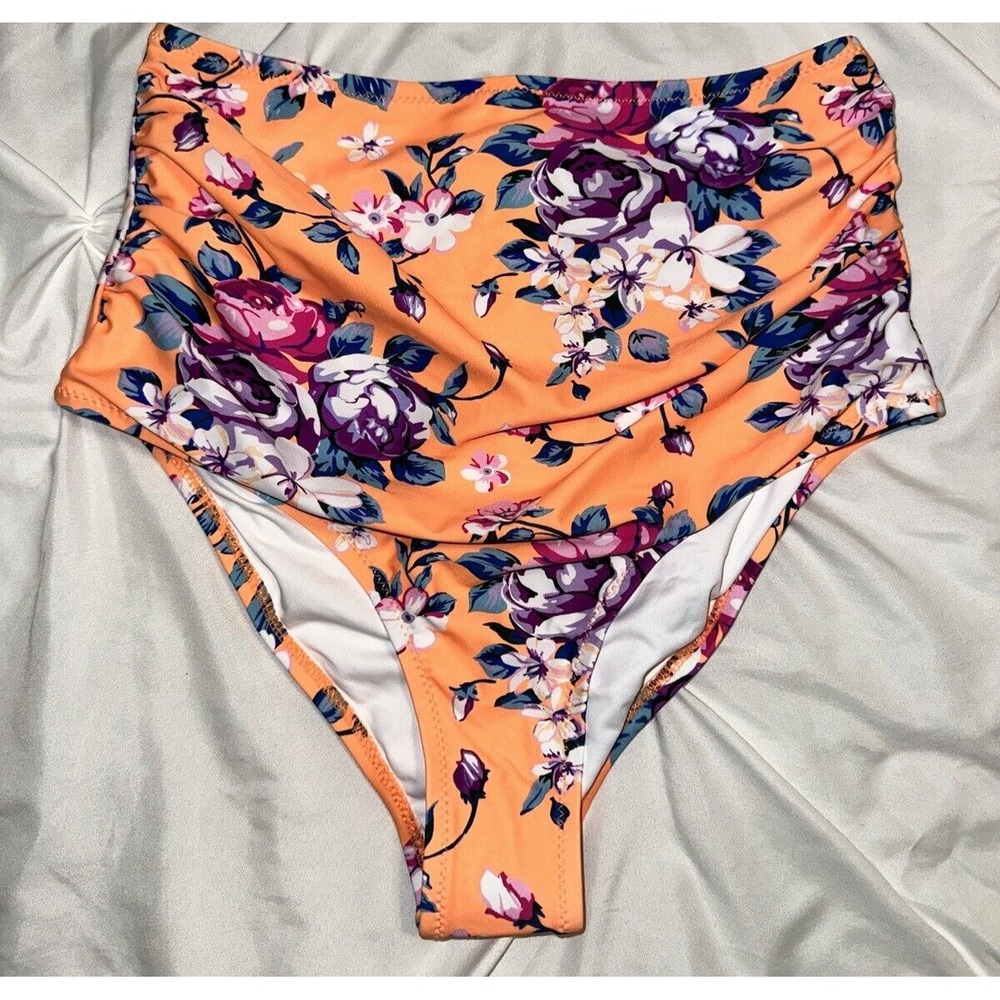 New Cupshe Swim Bikini Bottoms Size M Orange Floral High Waist Ruche Sides